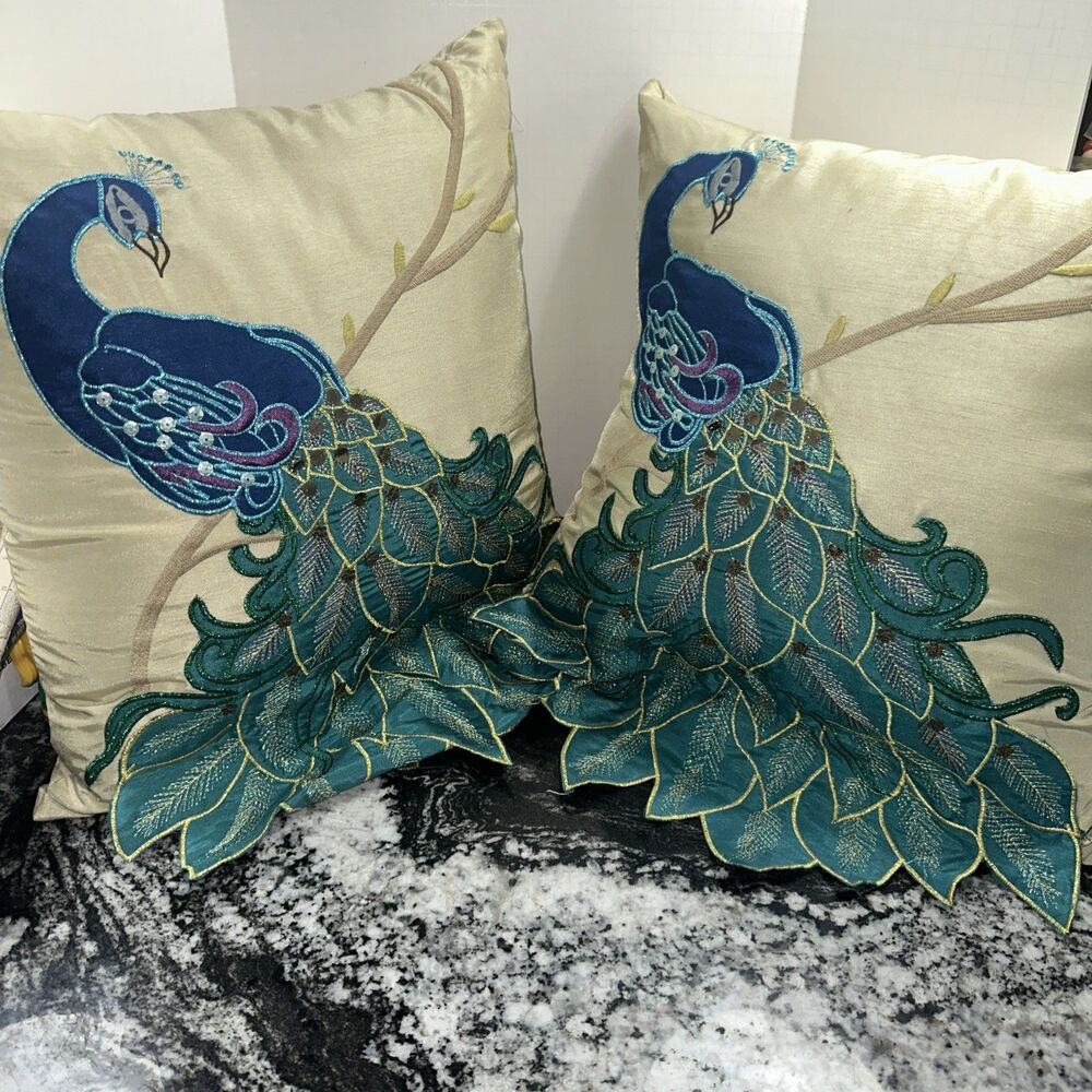 THRO by Marlo Lorenz Peacock Throw Pillow Cushion 16 x 16" 3D Embroidered Luxury